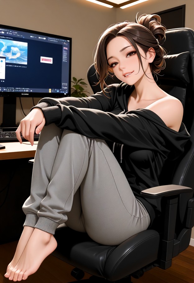 sitting in gaming chair,arms crossed,hoodie sleeve off shoulder,looking at user,biting lip,oversized black hoodie,loo…
