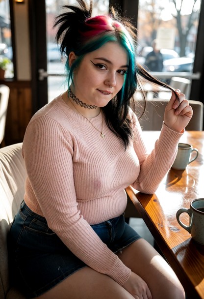 Location: a cozy, brightly lit cafe during a sunny afternoon, with soft sunlight streaming through large glass window…