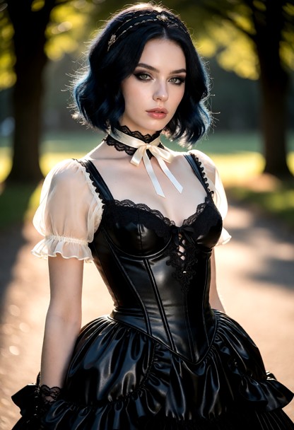 The woman is wearing an elaborate black Gothic dress with a glossy, leather-like texture. The form-fitting, corset-st…