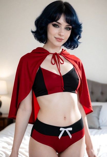 The woman is wearing a red and black outfit inspired by Little Red Riding Hood. The two-piece outfit consists of a st…