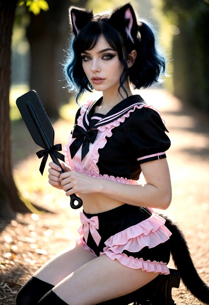 The woman is wearing a playful black and pink cat-themed outfit. Her short, sailor-style top features short puff slee…