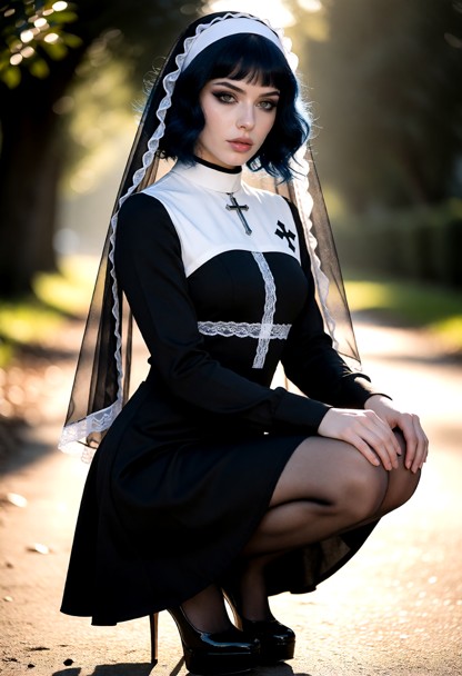 The woman is wearing a nun-like black dress with long sleeves, a fitted waist, and a midi-length skirt that flares ge…