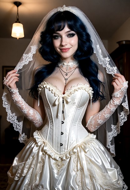 The woman is wearing an elaborate white Gothic-style bridal ensemble. The form-fitting jacquard corset features a hea…