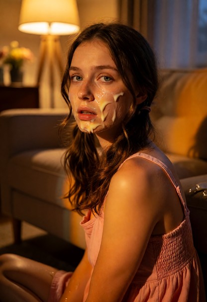 Location: late evening in a cozy living room with soft amber light from a nearby floor lamp casting warm glows and lo…