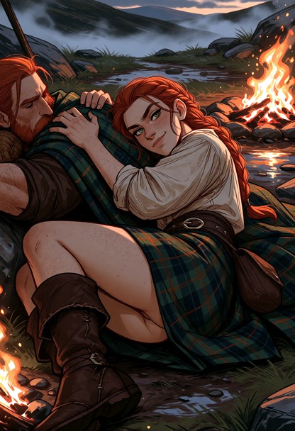 Location: late afternoon in a rugged highland campsite with scattered stones, a small crackling campfire, and a low-h…