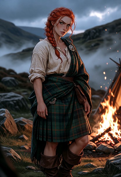 Location: late afternoon in a rugged highland campsite with scattered stones, a small crackling campfire, and a low-h…