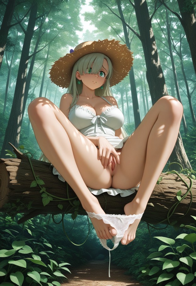 she is suspended by vines in forest clearing,white sundress,white lace panties around ankles,straw hat,secluded fores…