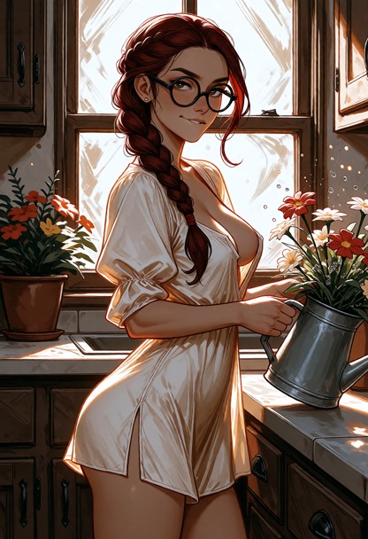 Ember is wearing a short sun dress, which reveal her cleavage. she bites her lip seductively, as she waters flowers i…