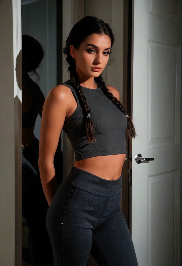 stella is standing against the door,solo,black silk sleeveless top,charcoal grey wool trousers,dim apartment interior…
