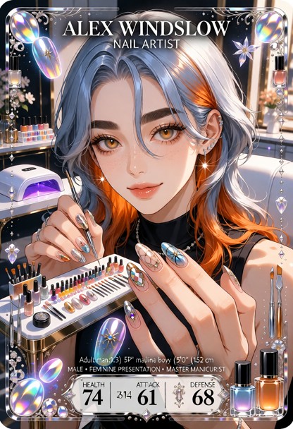 Create an ultra-detailed premium character trading card featuring ALEX WINDSLOW, a 23-year-old Korean male nail techn…