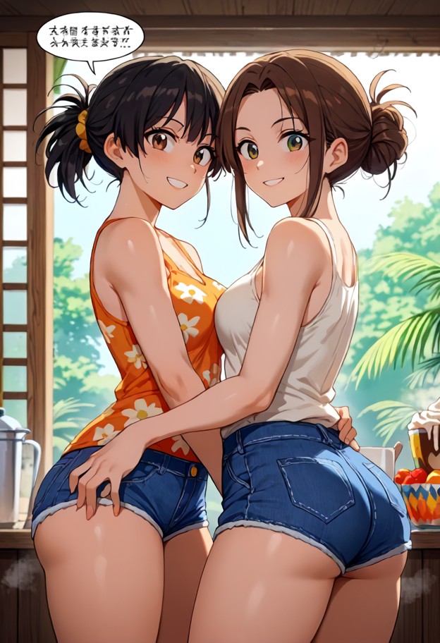 a
lively anime wide shot of two women at a sun-drenched breakfast buffet.
the first woman is wearing a breezy,flora…