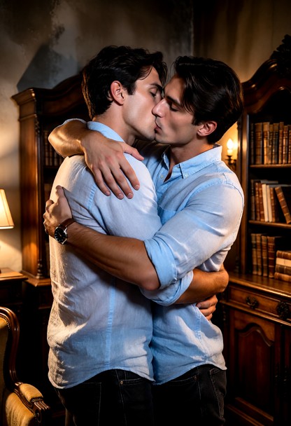 Location: night inside a charming, cozy apartment with dark wood bookshelves filled with old volumes, vintage antique…