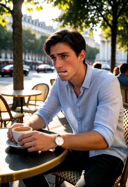 Location: afternoon at a sunlit outdoor cafe terrace near Place de la République, with small round metal tables, wick…