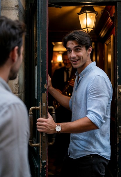 Location: evening at the entrance of "Le Chat Noir," a hidden bar with a dark wooden door, a dim brass lantern castin…