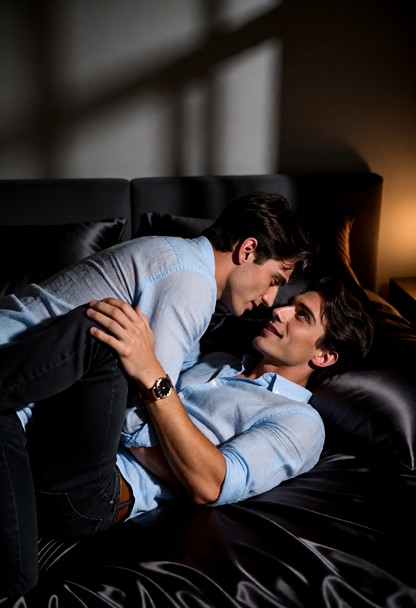 Location: night inside a dimly lit bedroom with a large bed draped in dark silk sheets, soft shadows stretching acros…