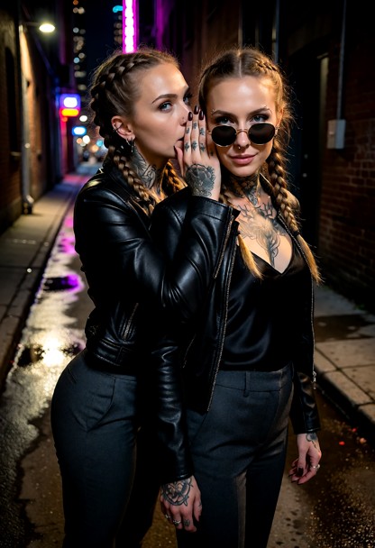 Location: a dim, secluded urban alleyway at night, where the distant, colorful glow of city neon reflects off damp pa…