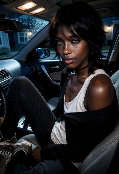 Location: night in a parked car outside an apartment complex, with the dim dashboard lights casting a soft blue glow …