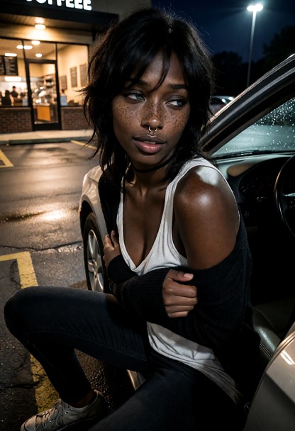 Location: evening in a dimly lit parking lot outside the coffee shop, with the warm glow from the shop's windows spil…