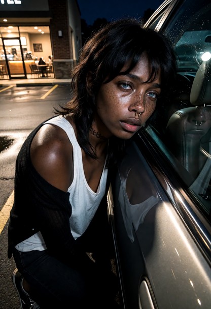Location: evening in a dimly lit parking lot outside the coffee shop, with the warm glow from the shop's windows spil…