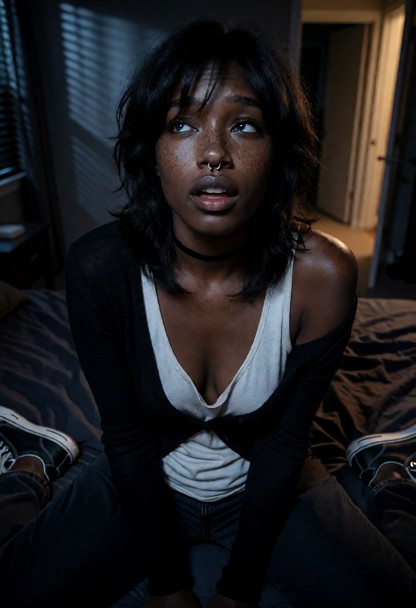 Location: late night in a dimly lit bedroom with soft moonlight filtering through the blinds and the warm, faint glow…