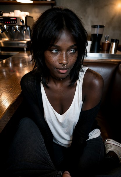 Location: evening in a quiet corner coffee shop with warm ambient lighting, a polished wooden counter, and a dim atmo…
