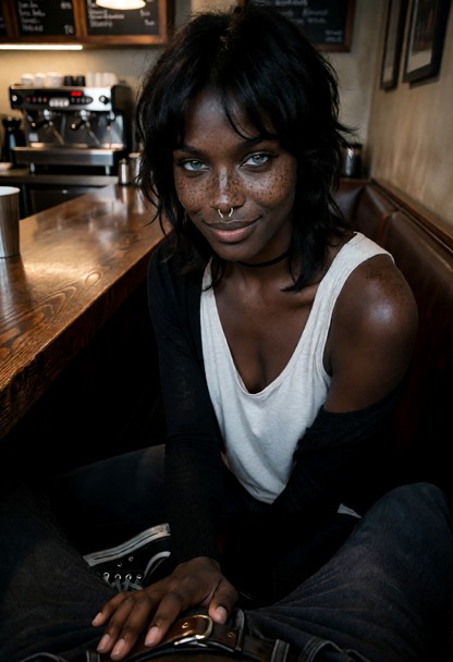 Location: evening in a quiet corner coffee shop with warm ambient lighting, a polished wooden counter, and a dim atmo…