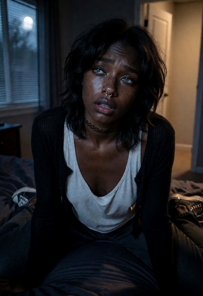 Location: late night in a dimly lit bedroom with soft moonlight filtering through the blinds and the warm, faint glow…