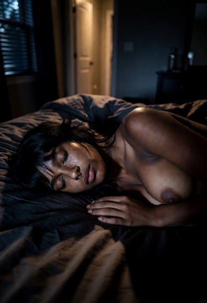 Location: late night in a dimly lit bedroom with soft moonlight filtering through the blinds and the warm, faint glow…