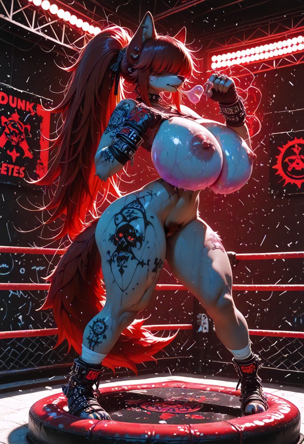 gigantic breasts(big chest: 5.5) 1girl,solo,punching,standing on ring,front view,muscular,abs,thick_thighs: 4.5,wide_…