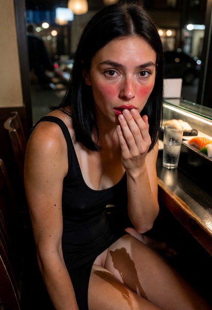 Location: dimly lit sushi restaurant during the evening with soft ambient lighting and warm glows from streetlights t…