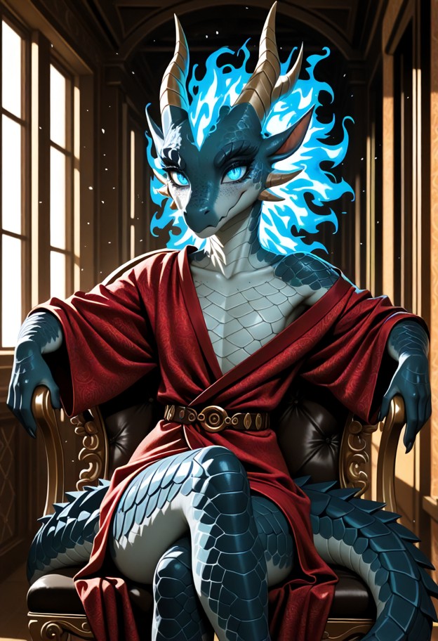 solo,aurora human dragon hybrid,sitting,smiling,crossed legs,crimson silk robe,golden crown,tail,curled tail,chair,ha…
