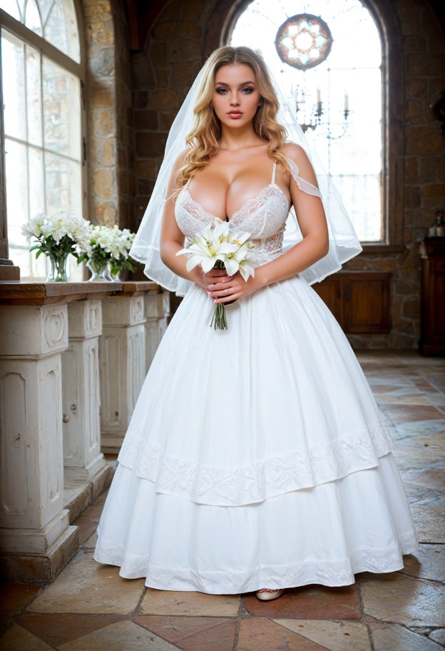 maria standing at altar clutching wedding bouquet with both hands,white wedding dress,sweetheart neckline,full lace-t…