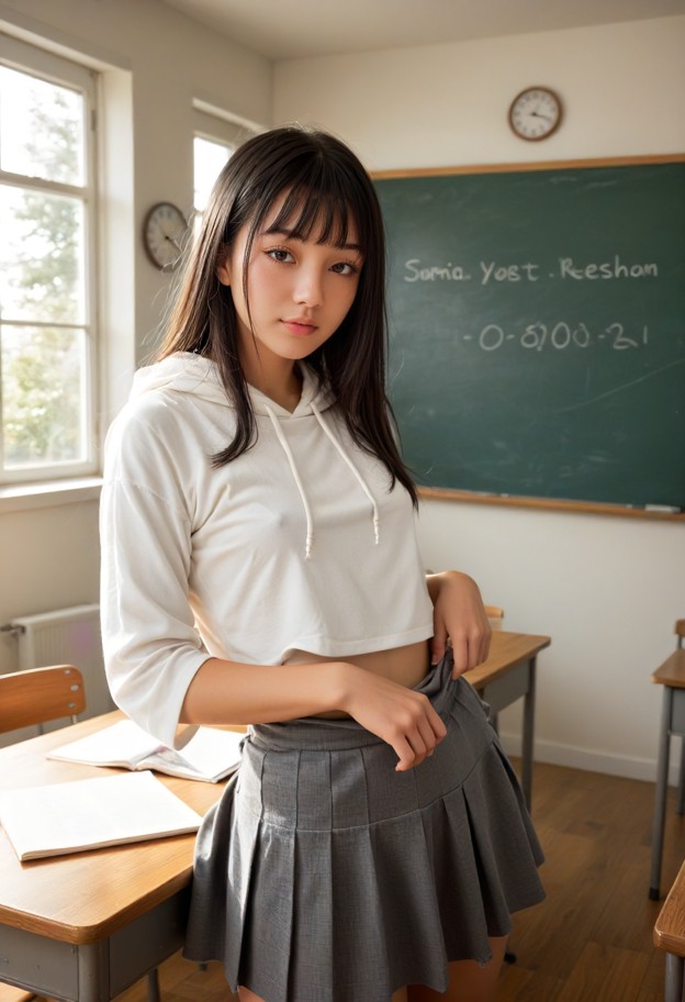 bengala stands in the classroom nervously twisting her skirt,white cotton blouse,grey wool skirt,empty classroom,wood…