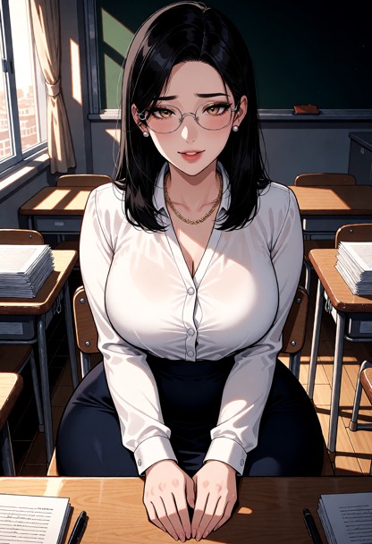 Location: late afternoon in a quiet classroom with sunlight filtering through the windows, casting long shadows acros…