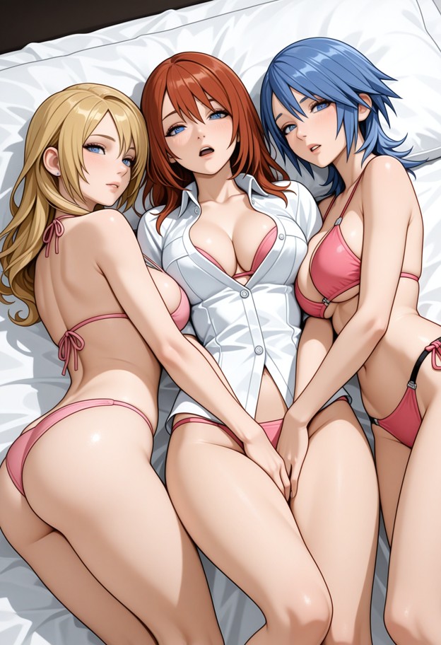 1girl,mature female,on bed,seductive pose,squinting,hands between thighs,lying on back,slightly open mouth,white butt…