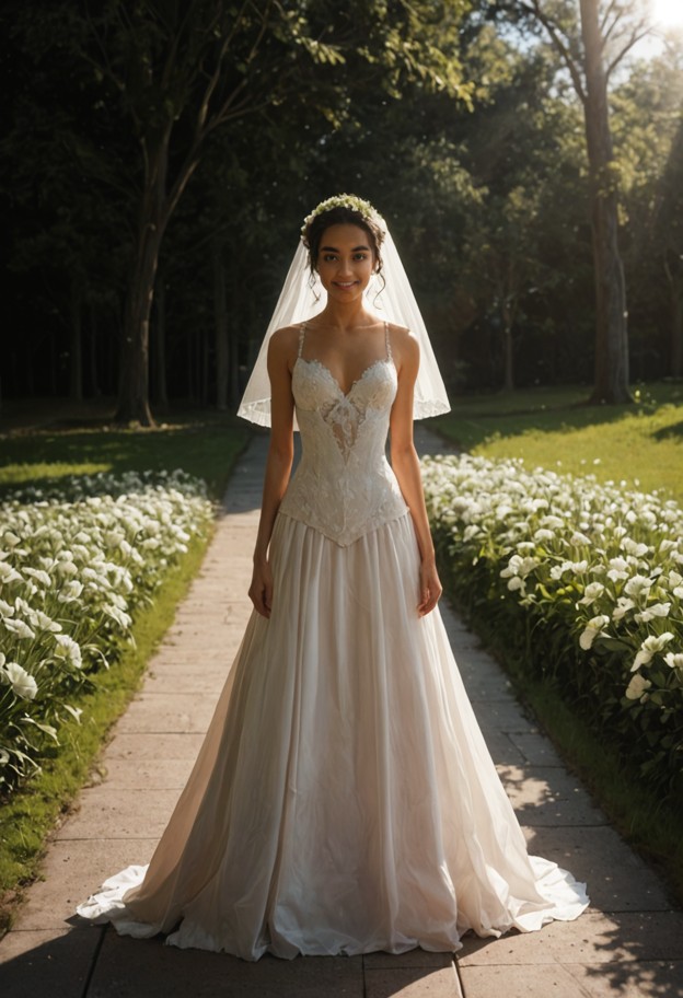 standing at the altar with a tearful smile and hand touching her cheek,white lace wedding dress,long white veil,outdo…