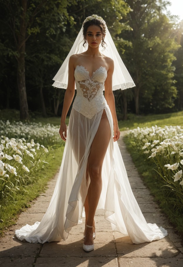 she is is walking down the aisle,white lace wedding dress,long white veil,outdoor wedding venue,green grass,white flo…