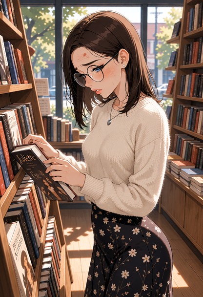 Location: a cozy bookstore during a quiet afternoon, with tall wooden shelves filled with various titles and soft, wa…