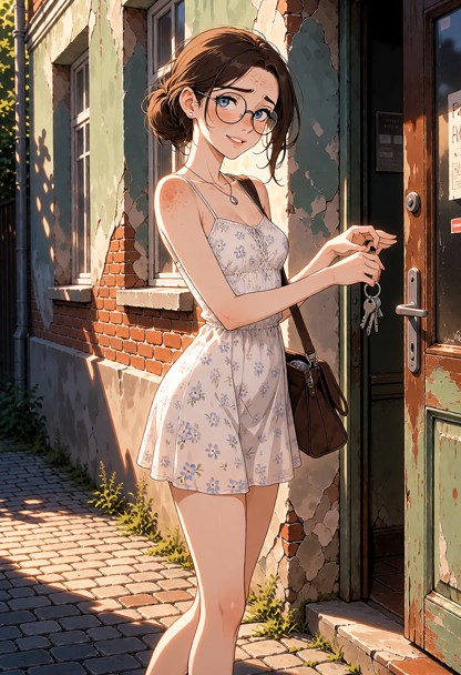 Location: outside an old brick building with peeling paint and a slightly dilapidated facade, where the warm, low-ang…