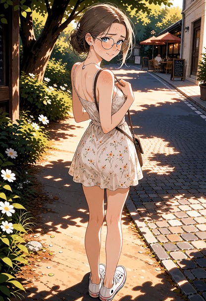Location: a sun-drenched garden path bordering a cobblestone street, where the warm, low-angled late afternoon sunlig…