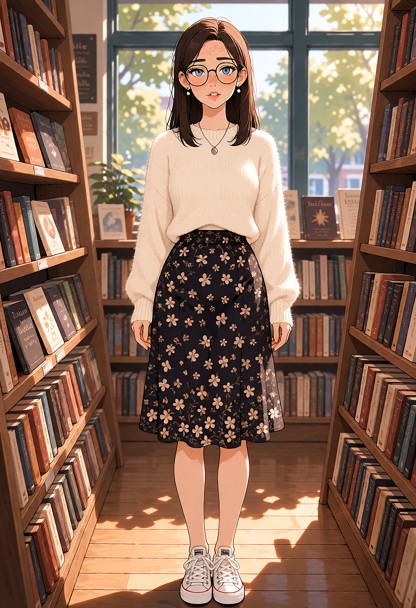 Location: a cozy bookstore during a quiet afternoon, with tall wooden shelves filled with various titles and soft, wa…