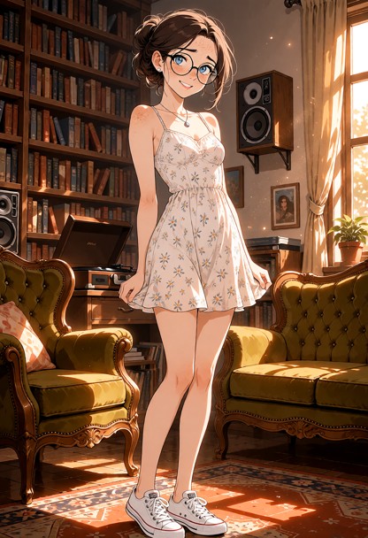Location: a cozy living room with floor-to-ceiling bookshelves, where the warm, low-angled late afternoon sunlight st…