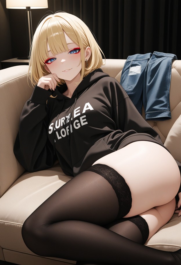 she is sitting on a couch leaning in towards viewer,biting lip,hand pressing on jeans,black oversized cropped hoodie,…