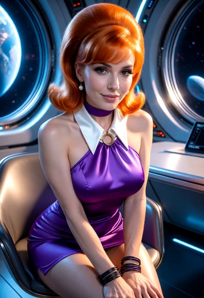 Location: futuristic space-station interior with large circular windows revealing planets and stars, bathed in soft b…