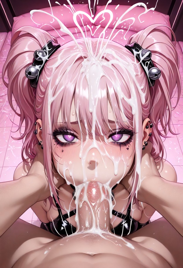 intense neon-lit room pulsing with pink and cyan. close-up: girl on her knees,eyes watering,gagging hard as a thick c…