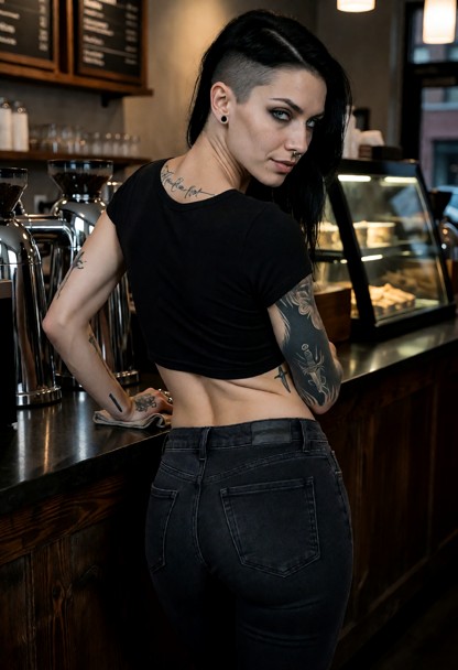 Location: late evening in a dimly lit coffee shop with dark wooden counters, polished chrome espresso machinery, and …