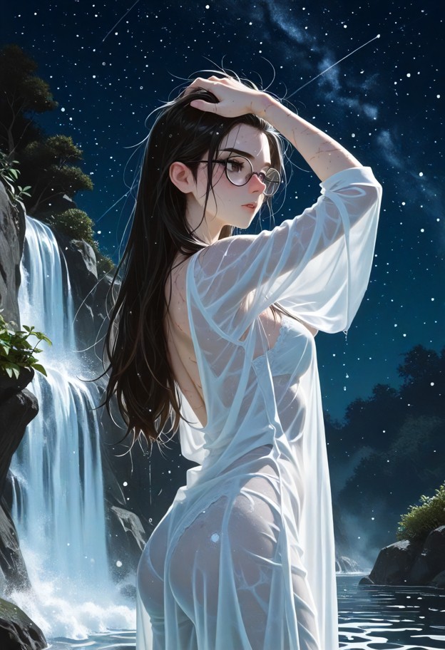 shu yin standing in a waterfall washing her hair,simple white gown,wet clothes,chinese watercolor painting,waterfall …