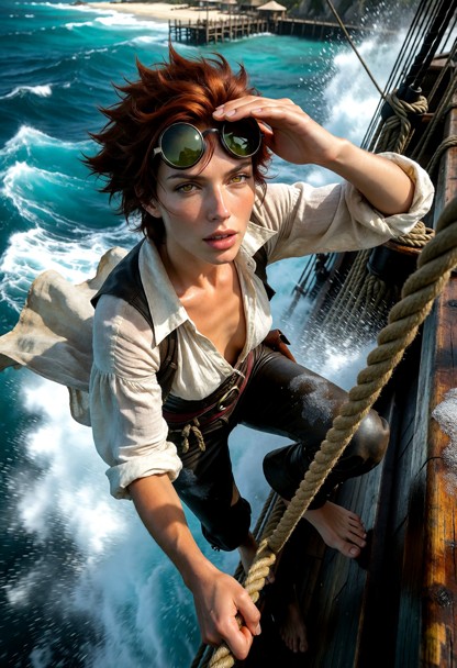 dynamic low-angle action shot looking up at a brave woman climbing high in the rigging of a wooden frigate. she is we…