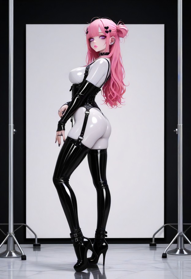 full body,standing pose,calm confident expression,wearing a glossy white latex bodysuit,black leather corset with met…