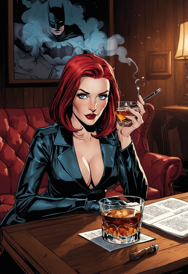 a high-end dc comics style graphic novel illustration,reminiscent of modern batman comics. a sophisticated woman sits…